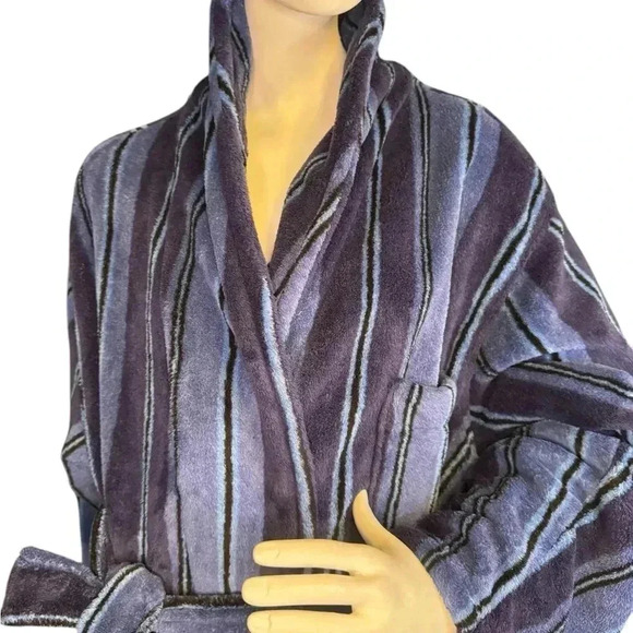 Vintage 80s 90s Stafford Robe One Size Striped Belted House Blue. - Picture 2 of 9